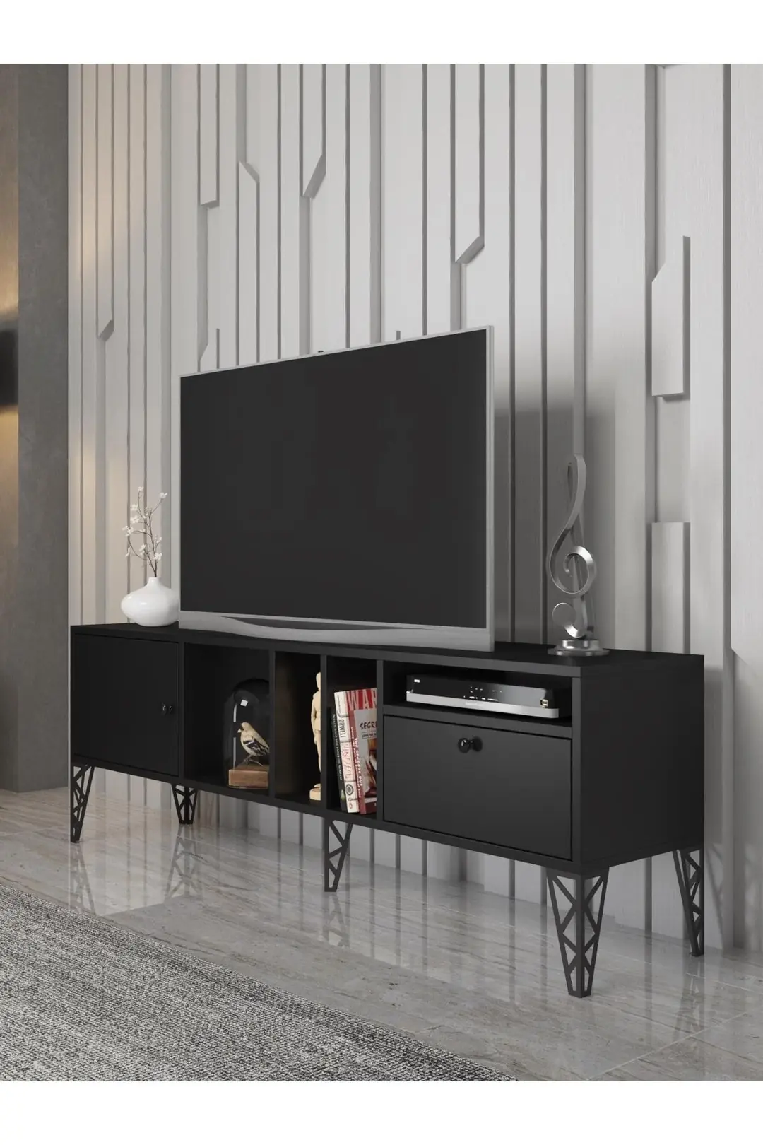 Cercei 160 Cm Metal Ayaklı Tv Ünitesi - Siyah / Siyah